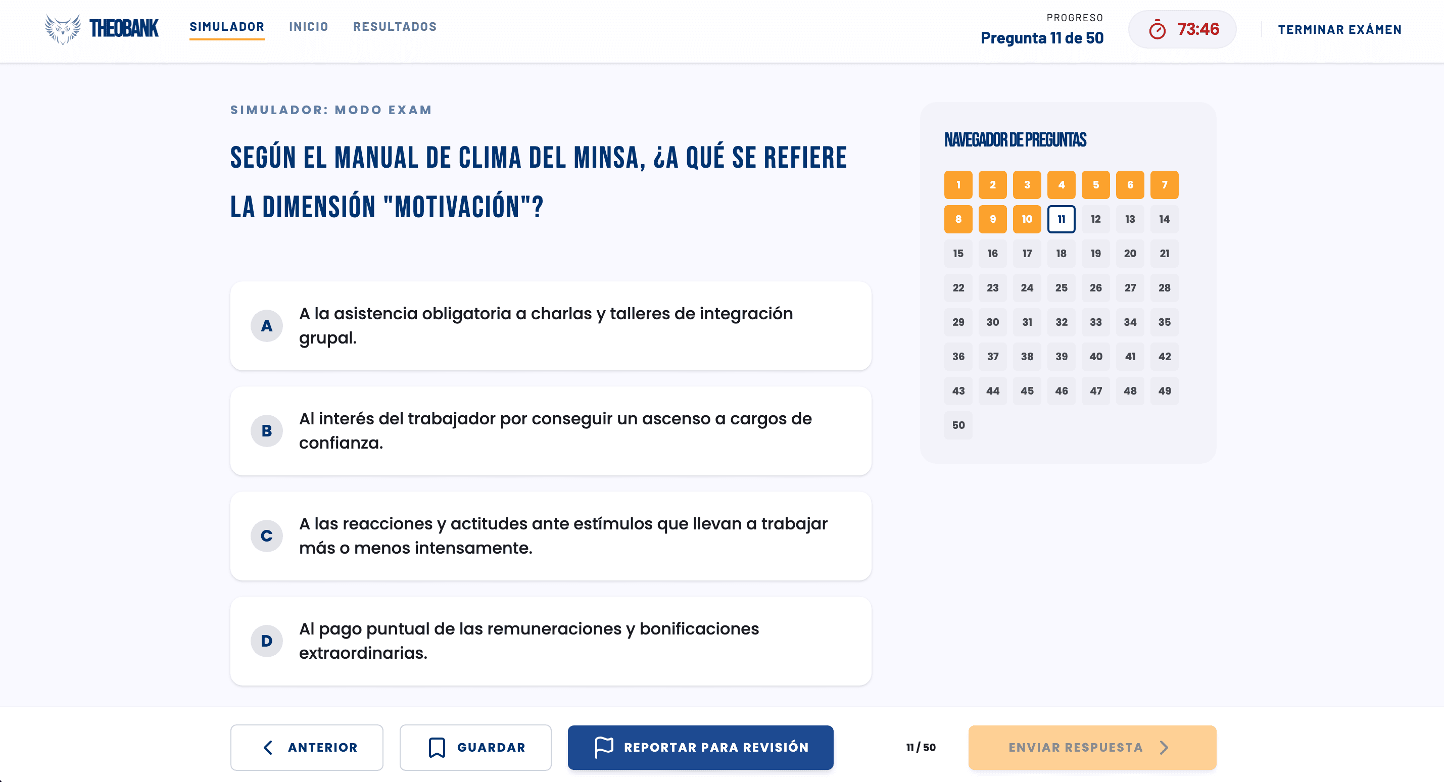 Vista del simulador de examen